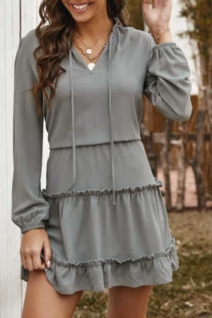 Gray V Neck Long Sleeve Ruffle Tiered Mini Dress 49724
