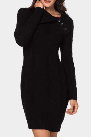 Asymmetric Buttoned Collar Black Bodycon Sweater Dress b0ba8