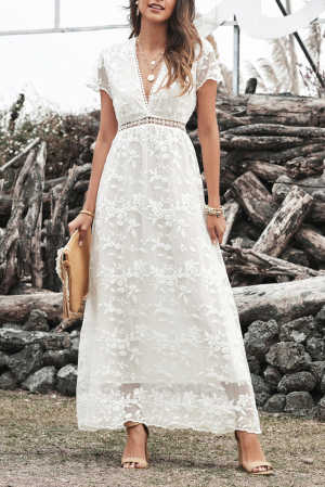 White V Neck Lace Maxi Dress ad879